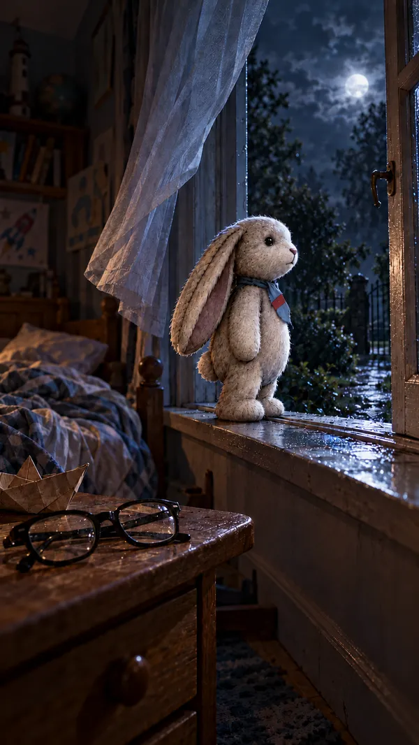 Cotton, a small plush rabbit, stands on a bedroom windowsill at night. A pair of glasses rests on the bedside table.
