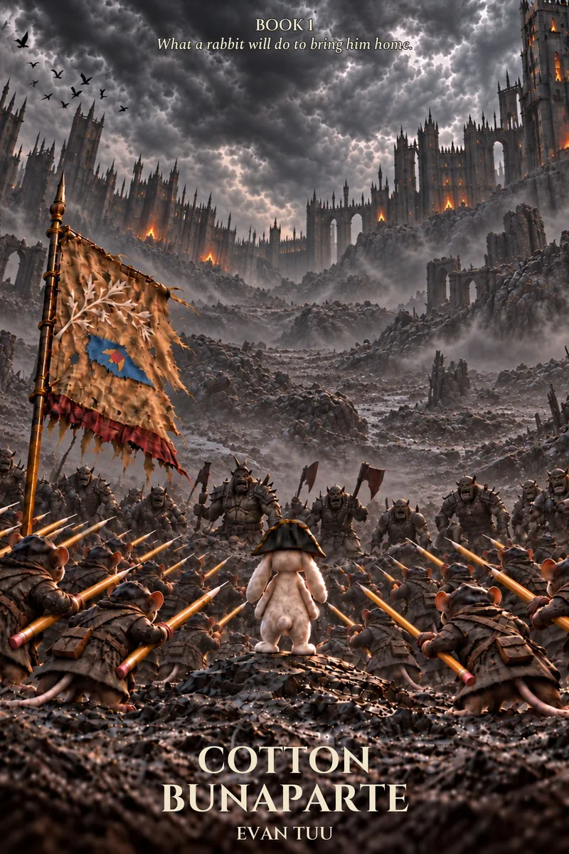 Cotton Bunaparte, Book 1 by Evan Tuu. Cotton, a small white rabbit, stands between mouse soldiers armed with pencils and an advancing Orc army beneath a storm-dark fortress.
